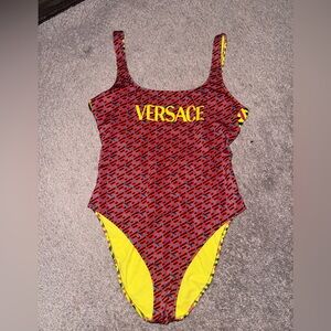 Versace Red and Yellow Logo One-Piece Swimsuit